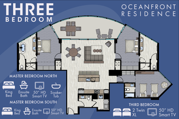 Floor plan for a three-bedroom oceanfront residence with two master bedrooms, a third bedroom, and amenities like Smart TVs and ensuite baths.