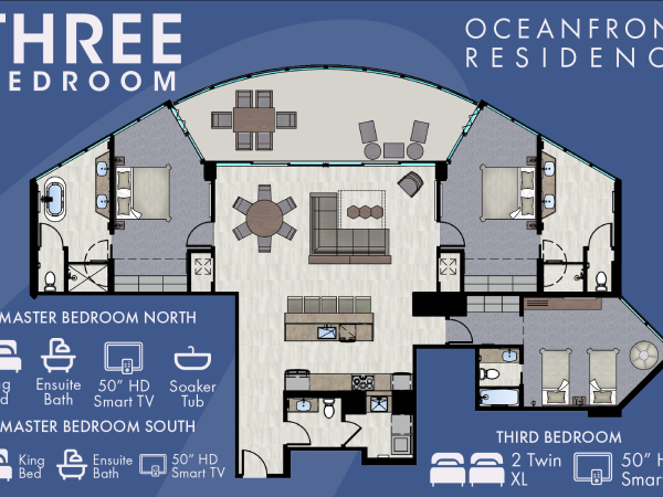 Floor plan for a three-bedroom oceanfront residence with two master bedrooms, a third bedroom, and amenities like Smart TVs and ensuite baths.