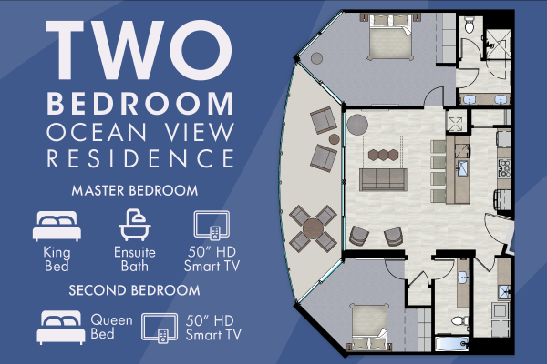 A floor plan for a two-bedroom ocean view residence with a master and second bedroom, both equipped with TVs. The master bedroom has a king bed and ensuite bath.