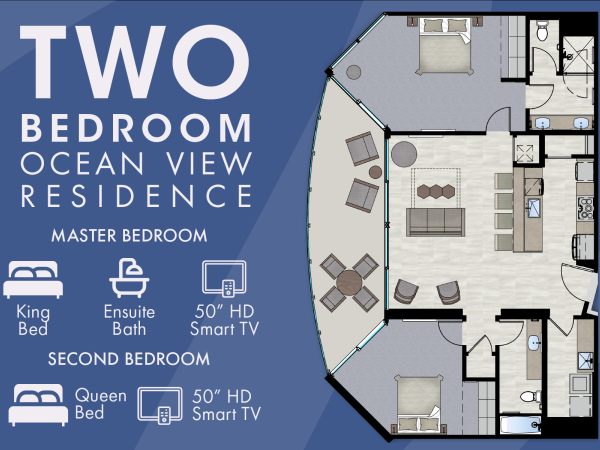 A floor plan for a two-bedroom ocean view residence with a master and second bedroom, both equipped with TVs. The master bedroom has a king bed and ensuite bath.