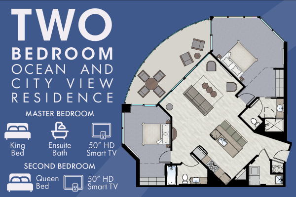 Blueprint and layout of a two-bedroom ocean and city view residence with details about the master bedroom and second bedroom features ending the sentence.