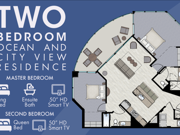 Blueprint and layout of a two-bedroom ocean and city view residence with details about the master bedroom and second bedroom features ending the sentence.