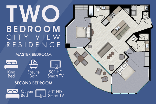 Blueprint of a two-bedroom residence. Features master bedroom with king bed, ensuite bath, 50" TV; second bedroom with queen bed, 50" TV.