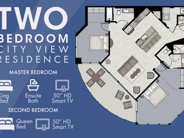 Blueprint of a two-bedroom residence. Features master bedroom with king bed, ensuite bath, 50" TV; second bedroom with queen bed, 50" TV.