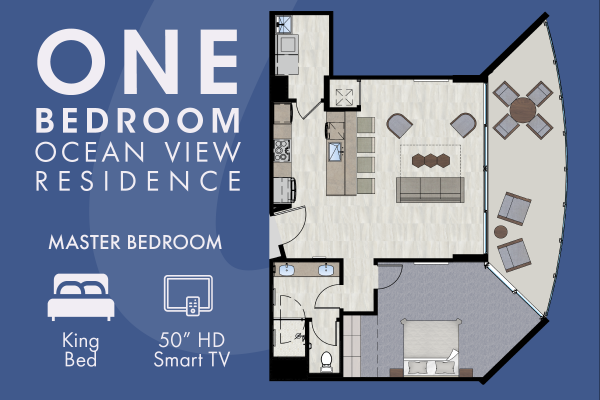 A floor plan for a one-bedroom ocean view residence, featuring a king bed in the master bedroom and a 50" HD smart TV.