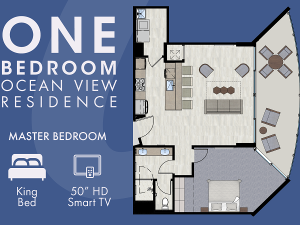 A floor plan for a one-bedroom ocean view residence, featuring a king bed in the master bedroom and a 50" HD smart TV.