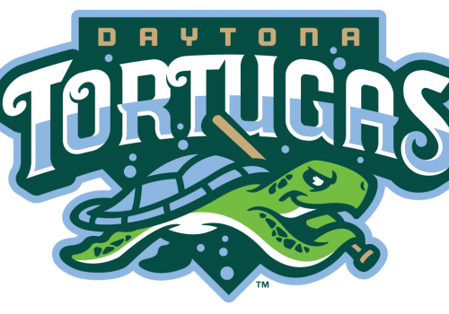 The image shows the logo of the Daytona Tortugas, featuring a turtle holding a baseball bat against a stylized background.