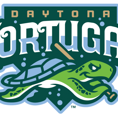 The image shows the logo of the Daytona Tortugas, featuring a turtle holding a baseball bat against a stylized background.