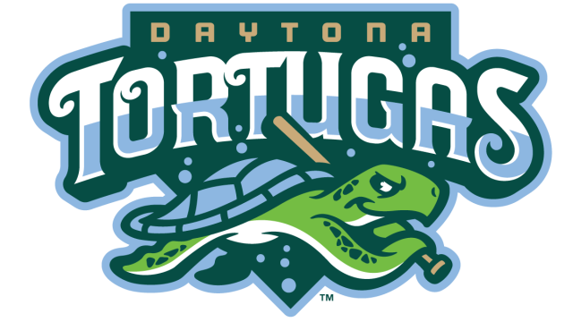 The image shows the logo of the Daytona Tortugas, featuring a turtle holding a baseball bat against a stylized background.