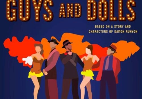Poster for "Guys and Dolls" with stylized figures in suits and dresses, featuring a story by Damon Runyon.