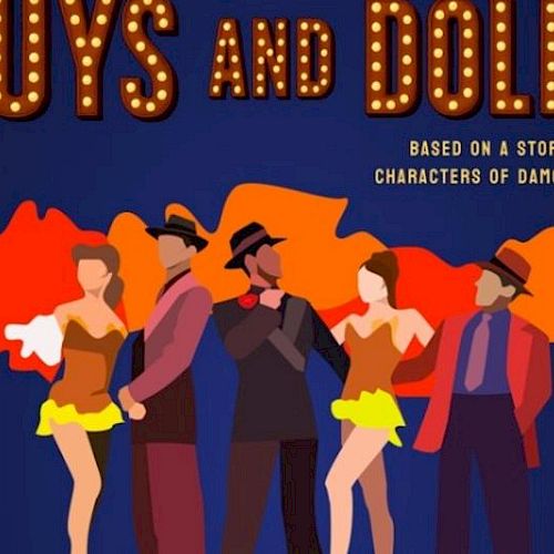 Poster for "Guys and Dolls" with stylized figures in suits and dresses, featuring a story by Damon Runyon.