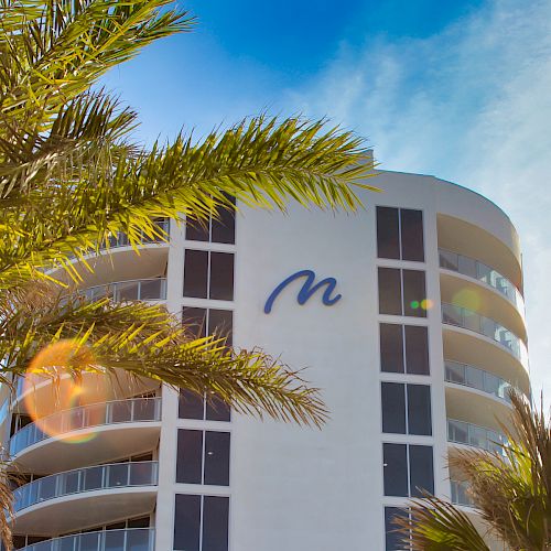 The image features a modern, curved building with a blue "M" logo, surrounded by palm trees and against a clear blue sky with sunlight flares.