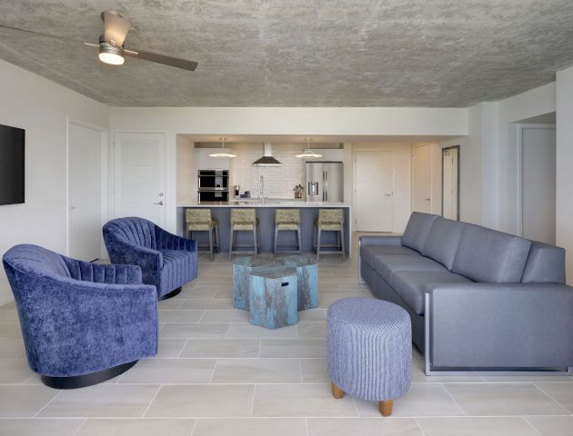 A modern living room with two blue chairs, a gray couch, a wooden coffee table, a TV, and an open kitchen with a bar counter and four stools.