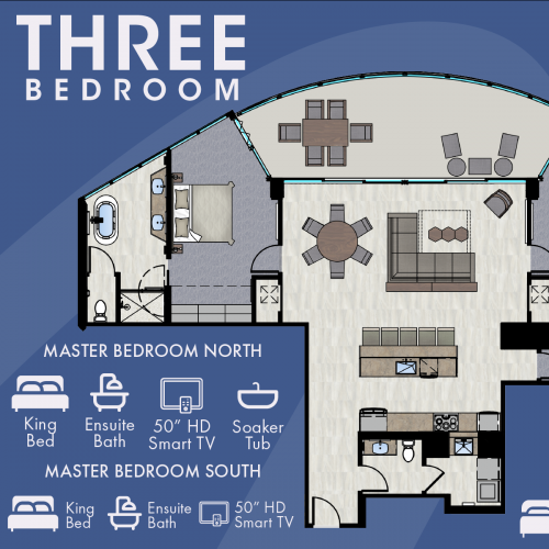 This image is a floor plan of an oceanfront three-bedroom residence, including two master bedrooms with en suite baths and a third bedroom with twin XL beds.