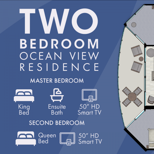 The image is a floor plan for a two-bedroom ocean view residence, including a master bedroom with a king bed and ensuite bath, and a second bedroom.