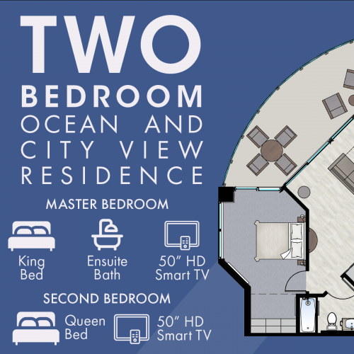 This image shows the layout of a two-bedroom ocean and city view residence. It includes details such as a master bedroom with a king bed and a second bedroom with a queen bed.