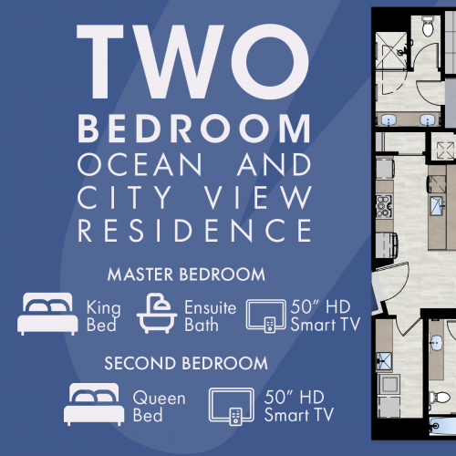 A floor plan for a two-bedroom ocean and city view residence with a king bed, ensuite bath, 50