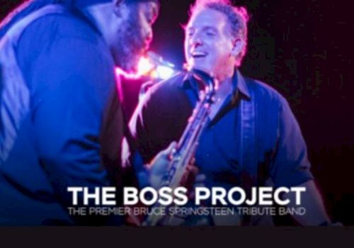 Concert promo for &ldquo;The Boss Project,&rdquo; a Bruce Springsteen tribute band, showing musicians onstage under colorful lights.