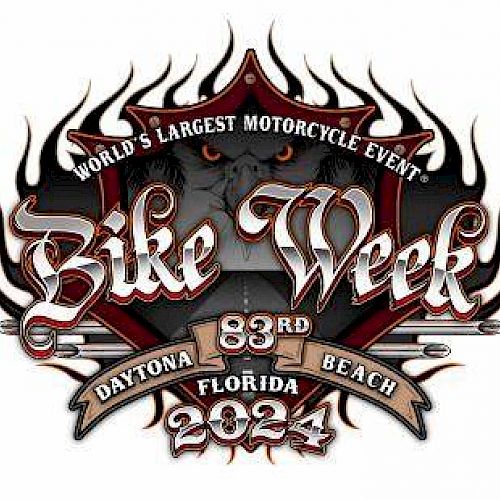 The image is a logo for the 83rd Daytona Beach Bike Week 2024, described as "World's Largest Motorcycle Event." It features a flame design.