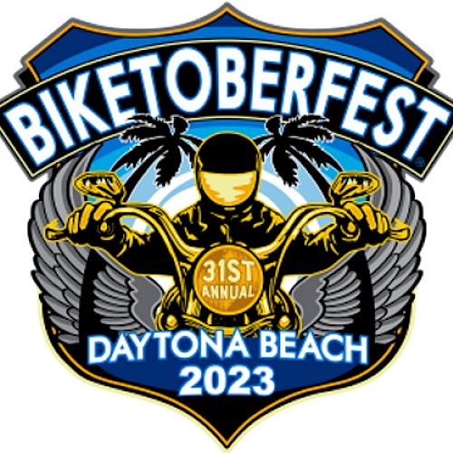 The image is a logo for Biketoberfest in Daytona Beach, 2023, featuring a biker with palm trees, wings, and text indicating the 31st annual event.