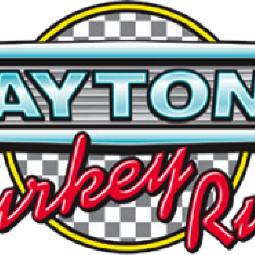 The image is a logo for the "Daytona Turkey Run," featuring a checkered background and stylized text.