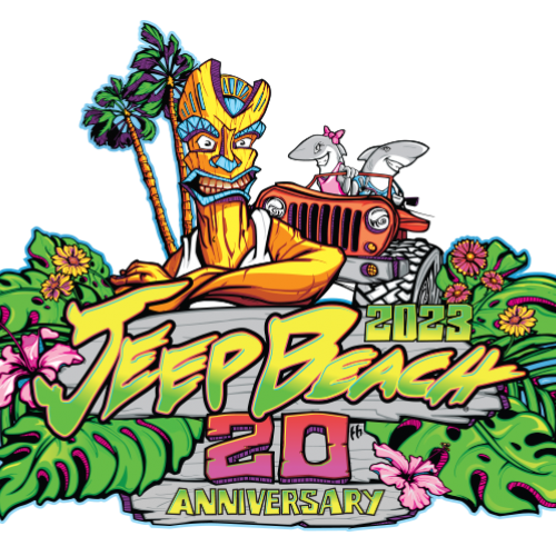 The image features a colorful design with "Jeep Beach 2023, 20th Anniversary," along with tropical elements, a Jeep, and a tiki figure, ending the sentence.