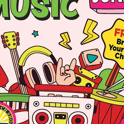 A colorful concert scene bursting with headphones, mic, guitar, and boombox vibes&mdash;music chaos meets retro party energy.