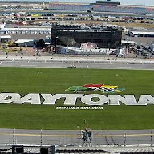 This image shows the infield of the Daytona International Speedway, with 