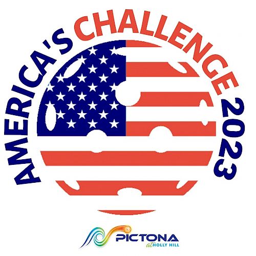 A logo for "America's Challenge 2023" with a flag-themed ball, "Pictona at Holly Hill" is written below with a colorful wave logo, and ends the sentence.