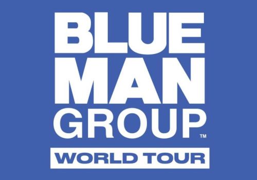 Text on a blue background reads "BLUE MAN GROUP WORLD TOUR".
