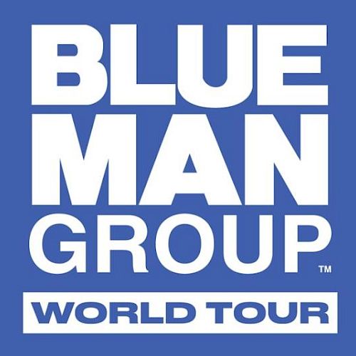 Text on a blue background reads "BLUE MAN GROUP WORLD TOUR".