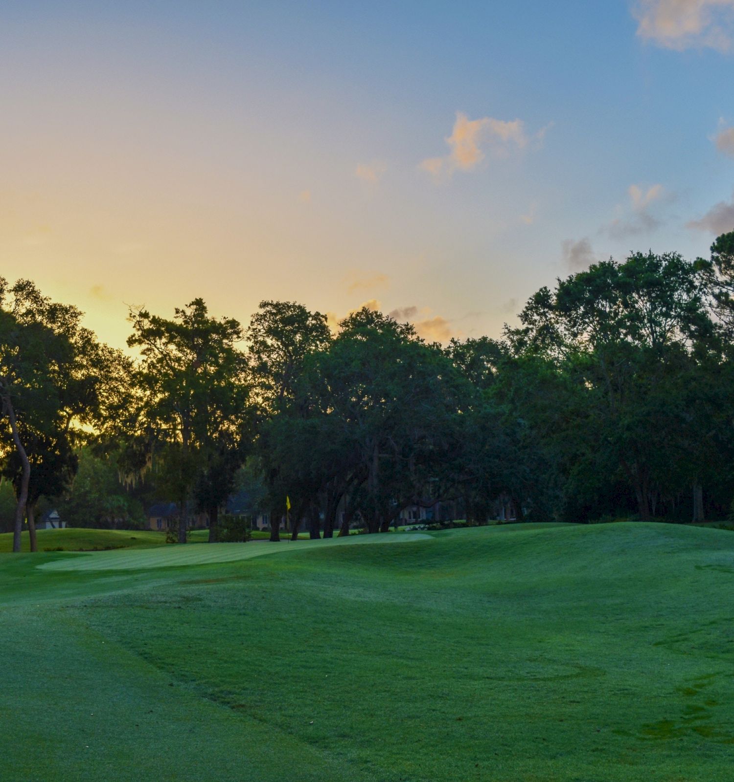 A serene golf course at sunrise, with lush green fairways, scattered trees, and a clear sky transitioning from night to morning.