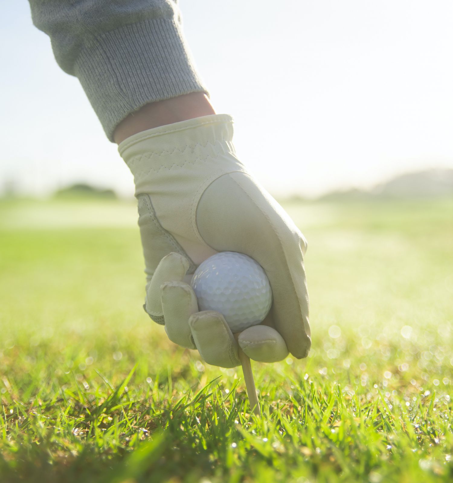 A person wearing a golf glove places a golf ball on a tee on a grassy surface, with sunlight in the background ending the sentence.