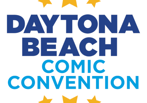 Logo for Daytona Beach Comic Convention with blue text and yellow stars.