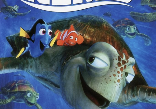 The image shows the "Finding Nemo" movie cover with a turtle, clownfish, and regal blue tang swimming with others underwater.