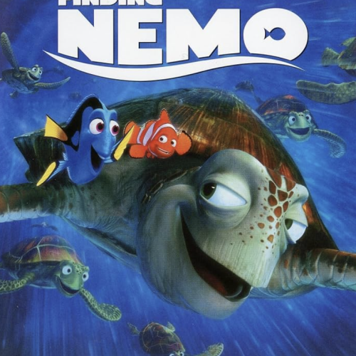 The image shows the "Finding Nemo" movie cover with a turtle, clownfish, and regal blue tang swimming with others underwater.