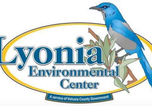 Logo for Lyonia Environmental Center featuring a blue bird perched on branches with text "A service of Volusia County Government."