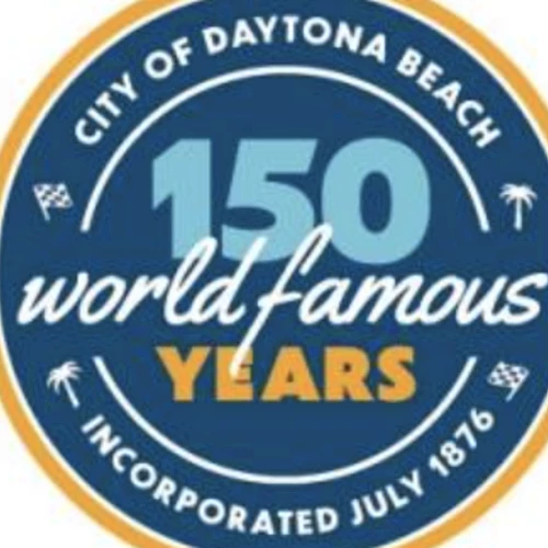 A circular logo commemorating Daytona Beach&rsquo;s 150th anniversary, with &ldquo;150 world famous years&rdquo; text and a blue, white, and gold color scheme.