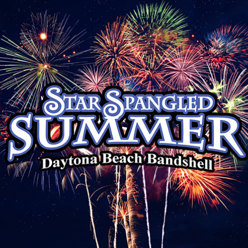 The image shows fireworks in the night sky with the text "Star Spangled Summer Daytona Beach Bandshell" in the foreground, ending the sentence.