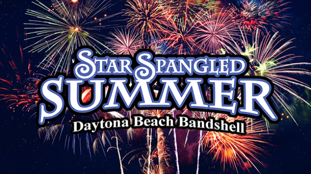 The image shows fireworks in the night sky with the text "Star Spangled Summer Daytona Beach Bandshell" in the foreground, ending the sentence.