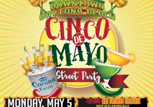 Cinco de Mayo street party in Daytona Beach with music by DJ, authentic Mexican cuisine, and food trucks on Monday, May 5, 5-10 PM.