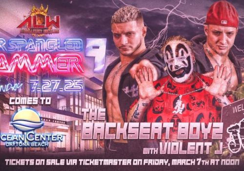 Wrestling event poster for "Star Spangled Slammer 9" featuring The Backseat Boyz with Violent J, on 7/27/25 at Ocean Center Daytona Beach.