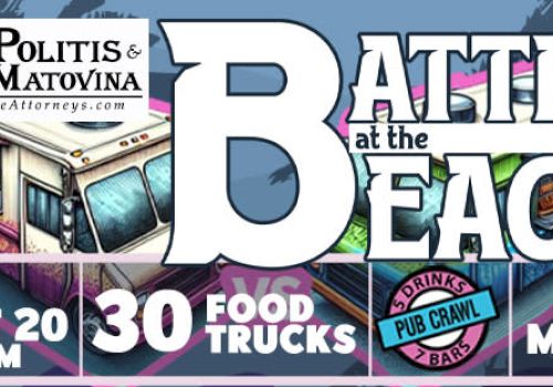 The image is an advertisement for "Battle at the Beach" event on Saturday, Sept 20, 6-10 PM, featuring 30 food trucks and live music.