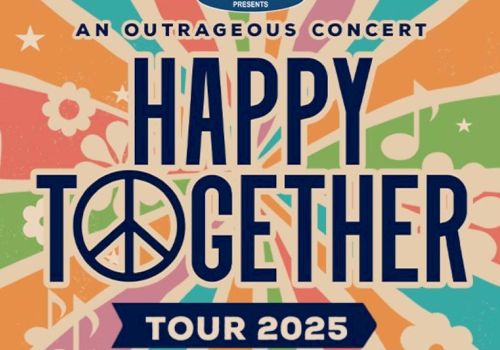 Colorful poster for the "Happy Together Tour 2025" with a peace sign and floral patterns, promoting a concert.