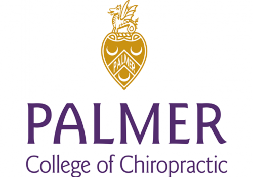 The image shows the logo for Palmer College of Chiropractic, featuring a golden emblem above the text 