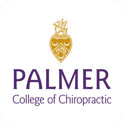 The image shows the logo for Palmer College of Chiropractic, featuring a golden emblem above the text 