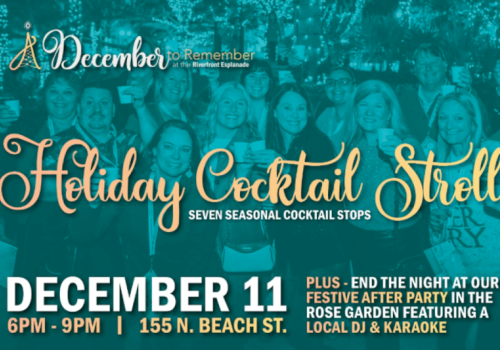A blue &ldquo;A December to Remember&rdquo; flyer: Holiday Cocktail Stroll on Dec 11, 6&ndash;9pm at 155 N Beach St, ending at Rose Garden DJ & karaoke.