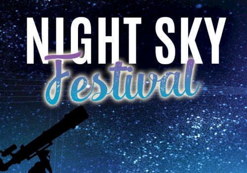 The image shows a "Night Sky Festival" poster with a telescope silhouetted against a starry background.