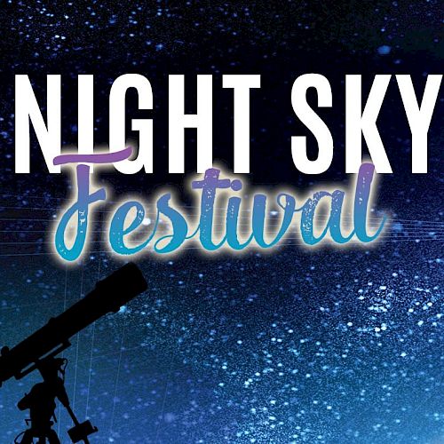 The image shows a "Night Sky Festival" poster with a telescope silhouetted against a starry background.