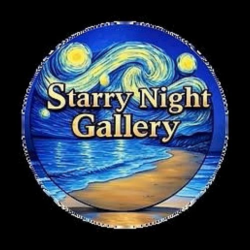 A circular logo shows a beach and starry sky with "Starry Night Gallery" written in the center, inspired by Van Gogh's style.